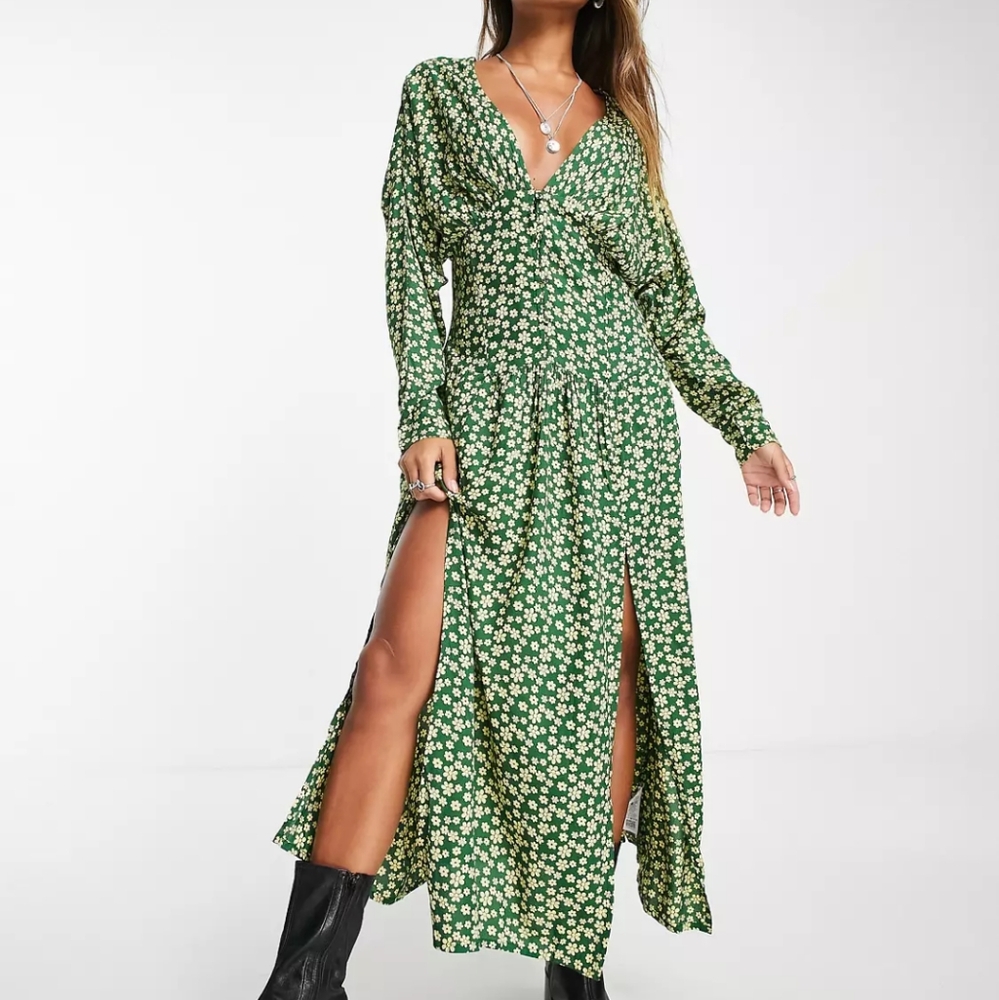 ASOS Green Floral Midi Dress with White Daisies